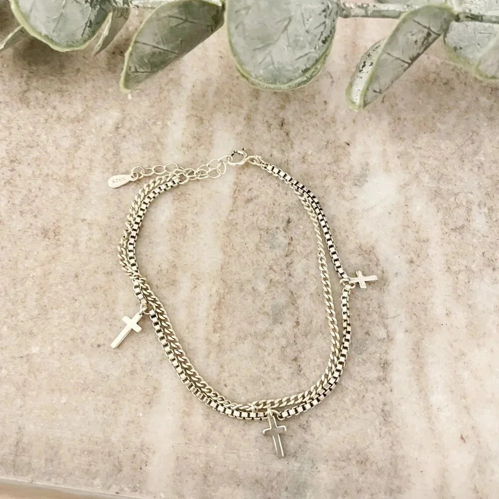 925 Sterling Silver Box Chain Bracelet Dangle Cross Bracelet Dainty Bracelet - Picture 5 of 5